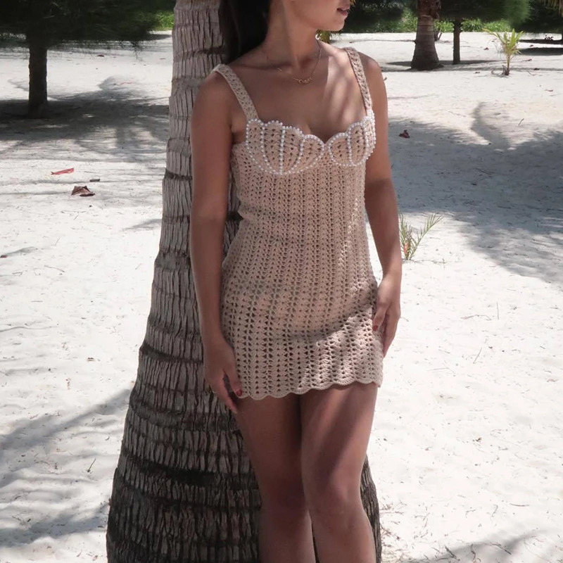 Women Crochet Knitted Sleeveless Hollow Beach Dresses Spring Summer Female Bodycon Beachwear Sexy Strap Pearl Beading Mini Dress 250113