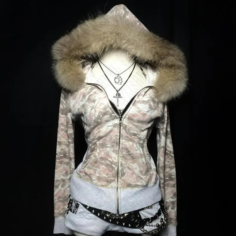 Streetwear Y2K Zip up hoodie Dark Faux Fur Collar Camouflage Rock Goth Zipper Hoodie sweatshirt Punk Hip Hop Jacket Vintage EMO250120