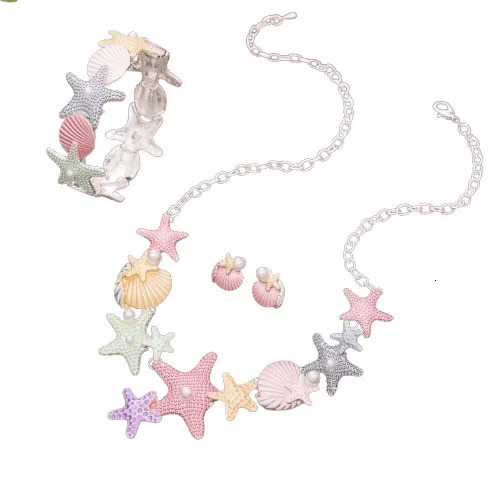 Spring Colored Necklace Earrings Bracelet Set Fashionable Small And Clear Oil Painted Starfish Jewelry Set 250108