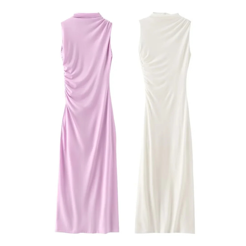 European And American Style 2024 Spring And Summer Womens Fashionable Temperament Solid Color Pleated Decorative Dress 250121