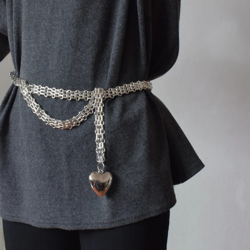 Retro hip-hop thick metal chain silver big love heart tassel waist chain belt female personality wild diagonal strap 250117