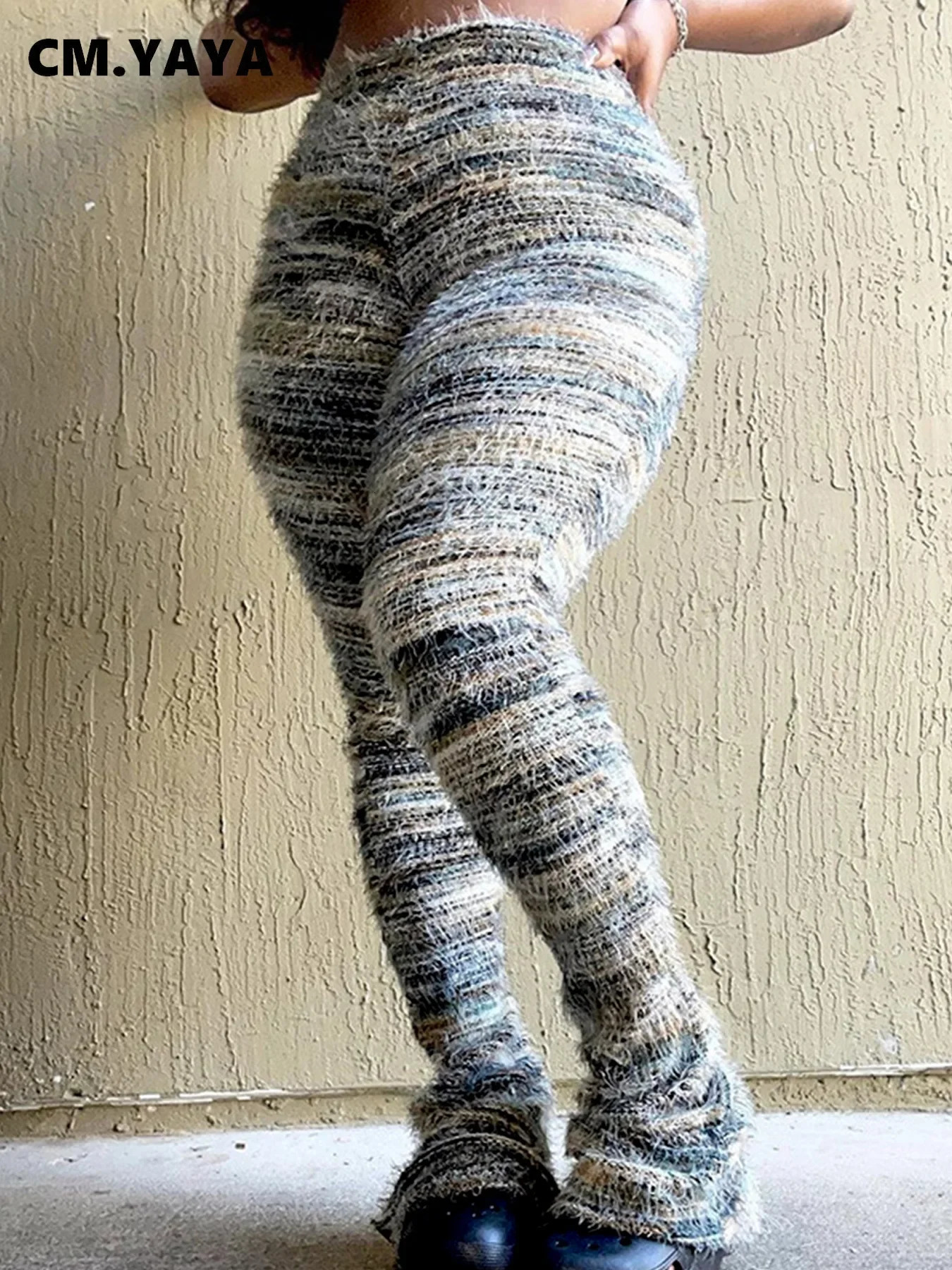 CM.YAYA Womens Street Clothing Knitted Ribbon Stripes Keep Warm Winter Shining Pants Fashion Event High Waist Trousers 250122