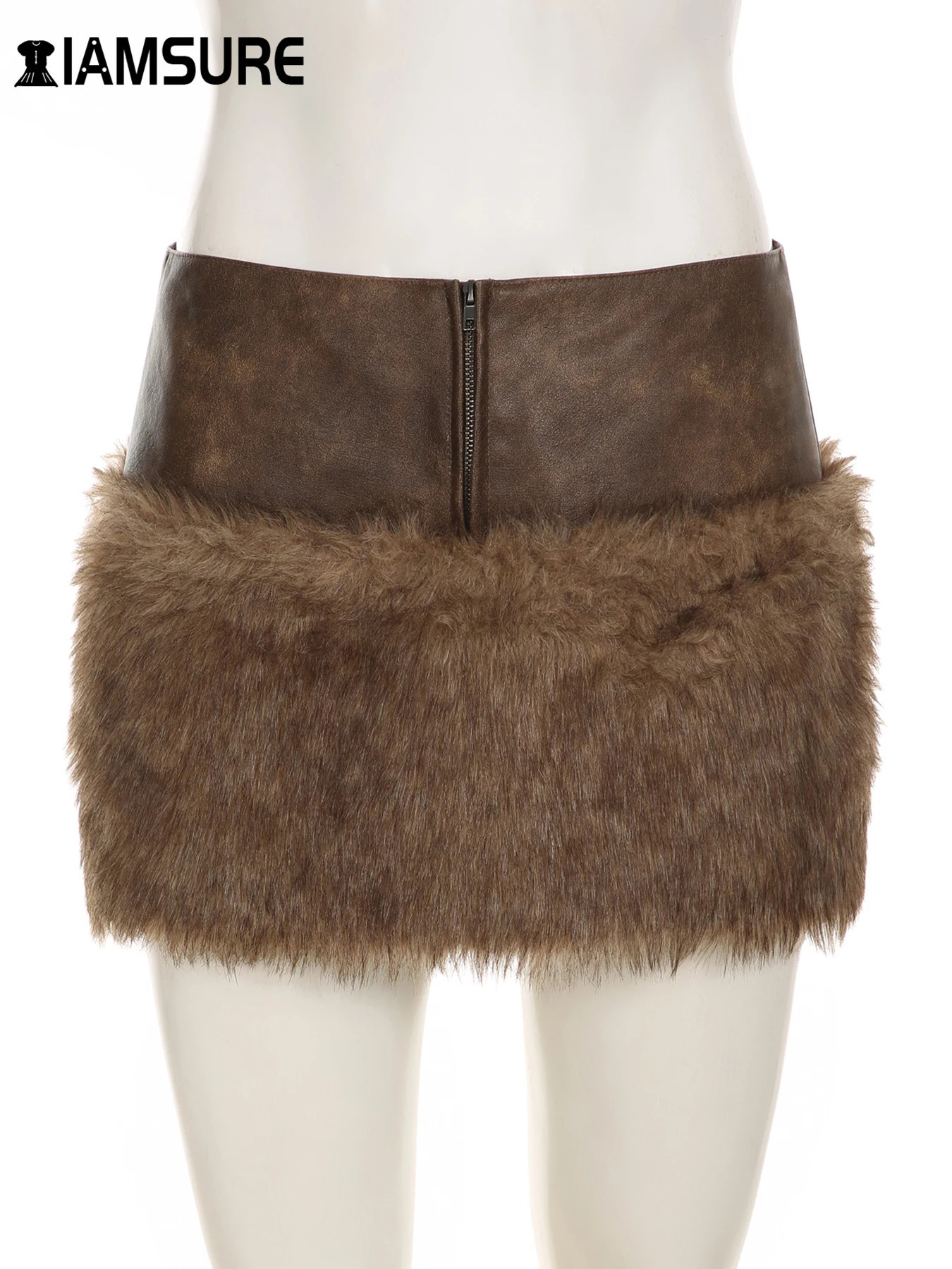 IAMSURE Vintage Patchwork Pu Leather Furry Skirt Women 2024 Winter Fashion Slim MidWaisted Mini Streetwear Lady 250121