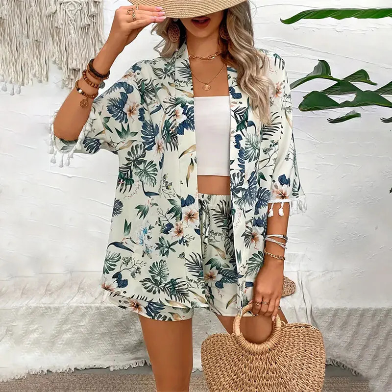Womens twopiece set with open collar woolen sweater printed beach shorts summer womens clothing wear 250122