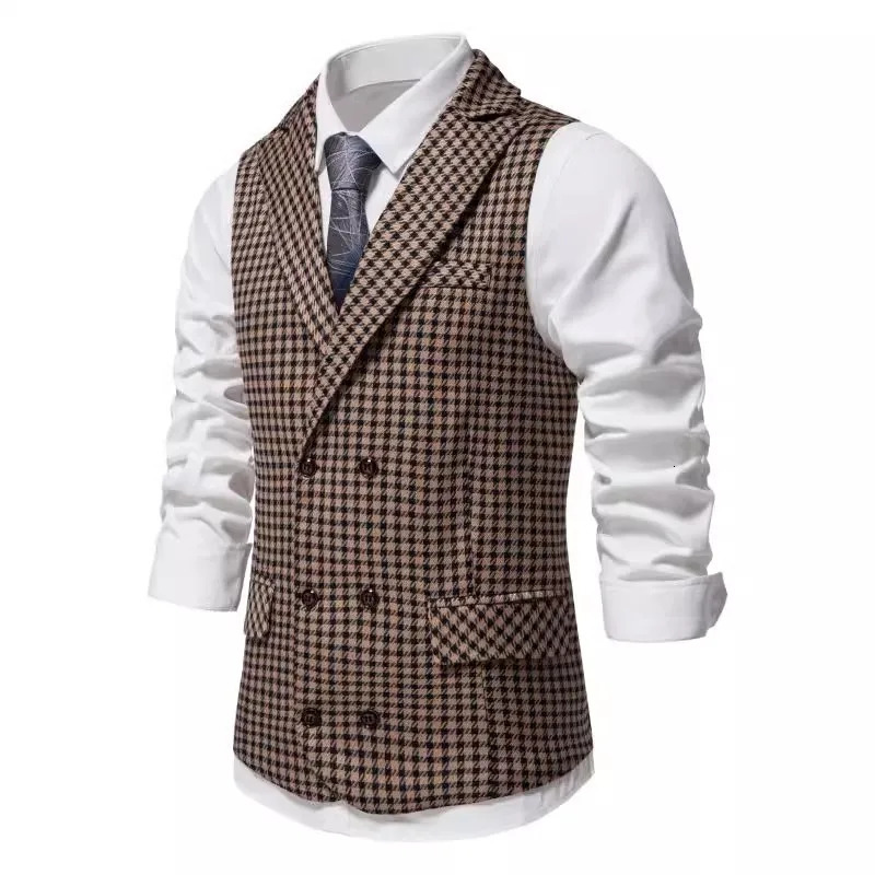 Double Breasted Mens Plaid Vest Classi Waistcoat for Groomsmen Wedding Business Colete Casual Masculino Men Seampunk Suit Vest 250108