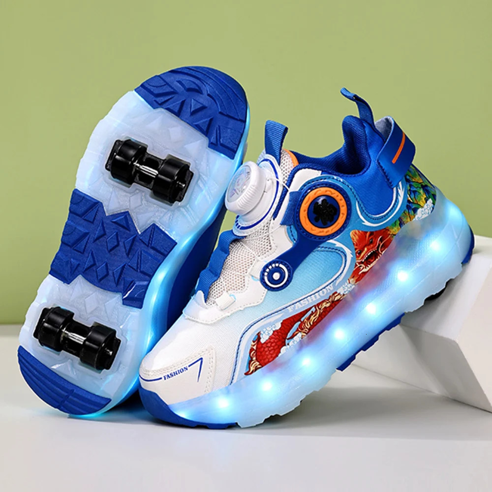 Childrens four-wheel luminous sports shoes LED light roller skating shoes boys and girls USB charging childrens training shoes 250110