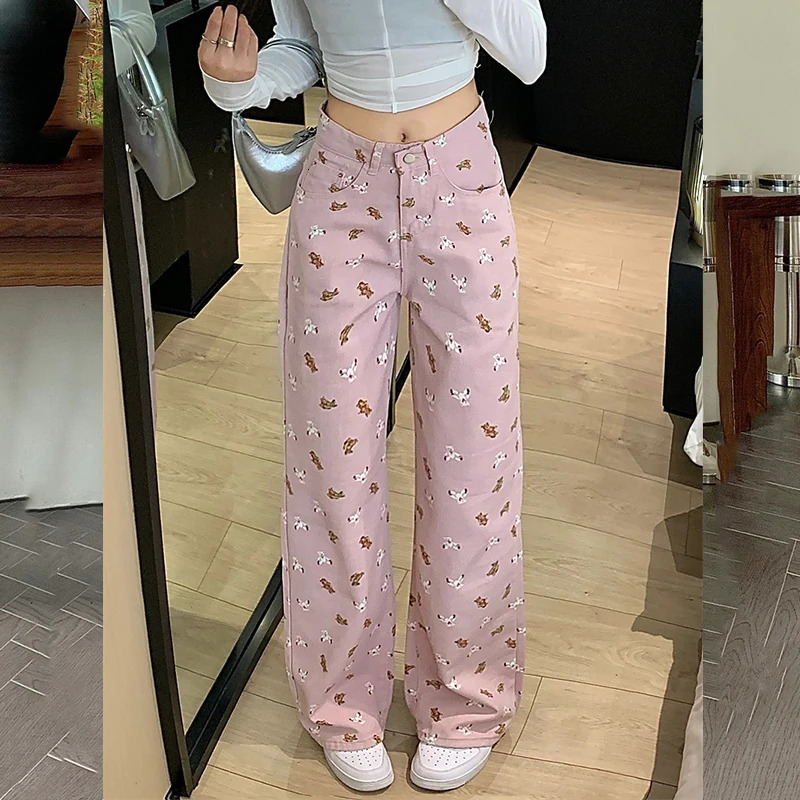 White pants baggy jeans women denim clothing slouchy full length high waisted Summer Printed 250122