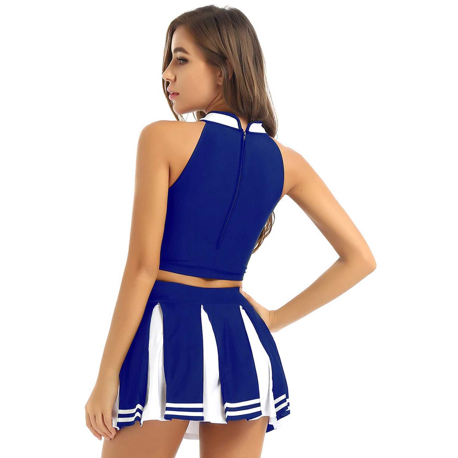 2Pcs Women Adults Cheerleading Costume Uniform Stand Collar Sleeveless Crop Top with Mini Pleated Skirt Cheerleader Dance OutfitW250121