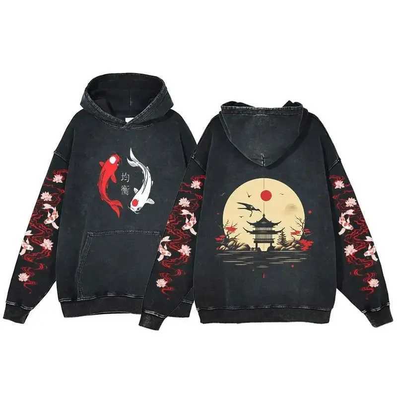 Y2K Harajuku Hoodie Men Ukiyoe Koi Fish Vintage Acid Wash Sweatshirt Hoodies Teen Hip Hop Long Sleeve Oversized Gothic Pullover W250117