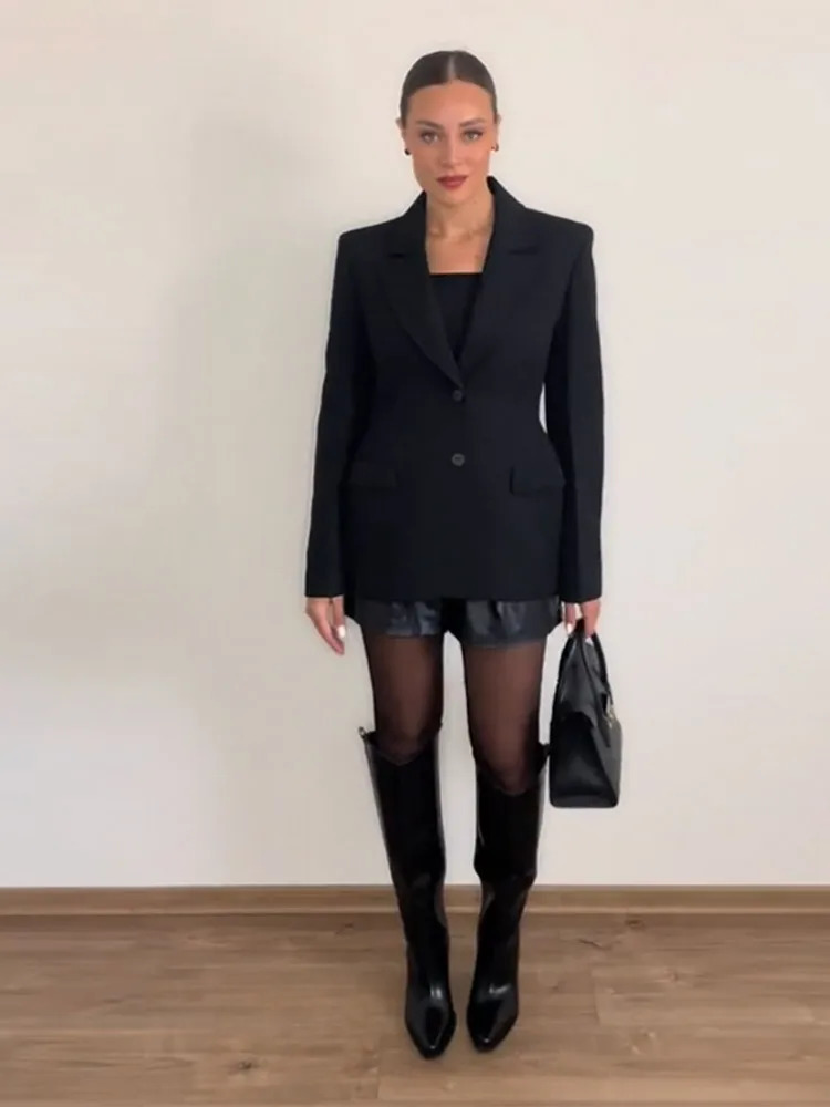 Mid Length Deep V Suit Coat Jacket Waist Cinched Commute Professional Formal Overcoat Slim Fit Lapel Womens Outwear Spring Fall 250120