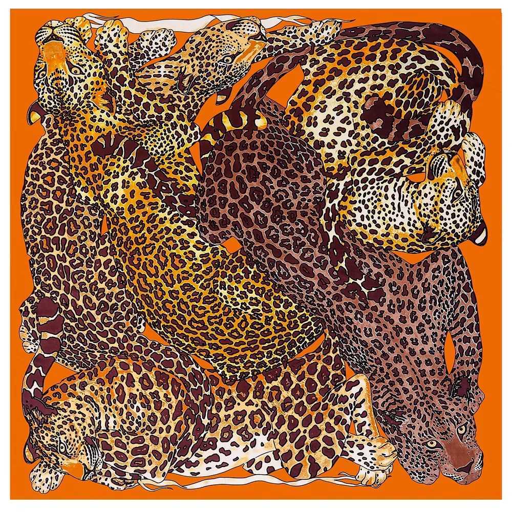 POBING Silk Scarf Women Large Shls Leopard Print Square Bandana Luxury NecKerchief Muslim Hijab Scarf Female Foulards 130CM W250118