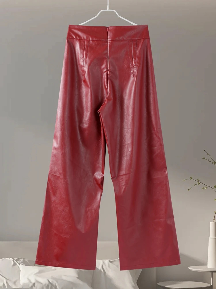 Casual Loose Leather Pants Women High Waist Wide Legs Solid Pocket Flare Pant Female Autumn Fashion Belt Streetwears Lady 250117