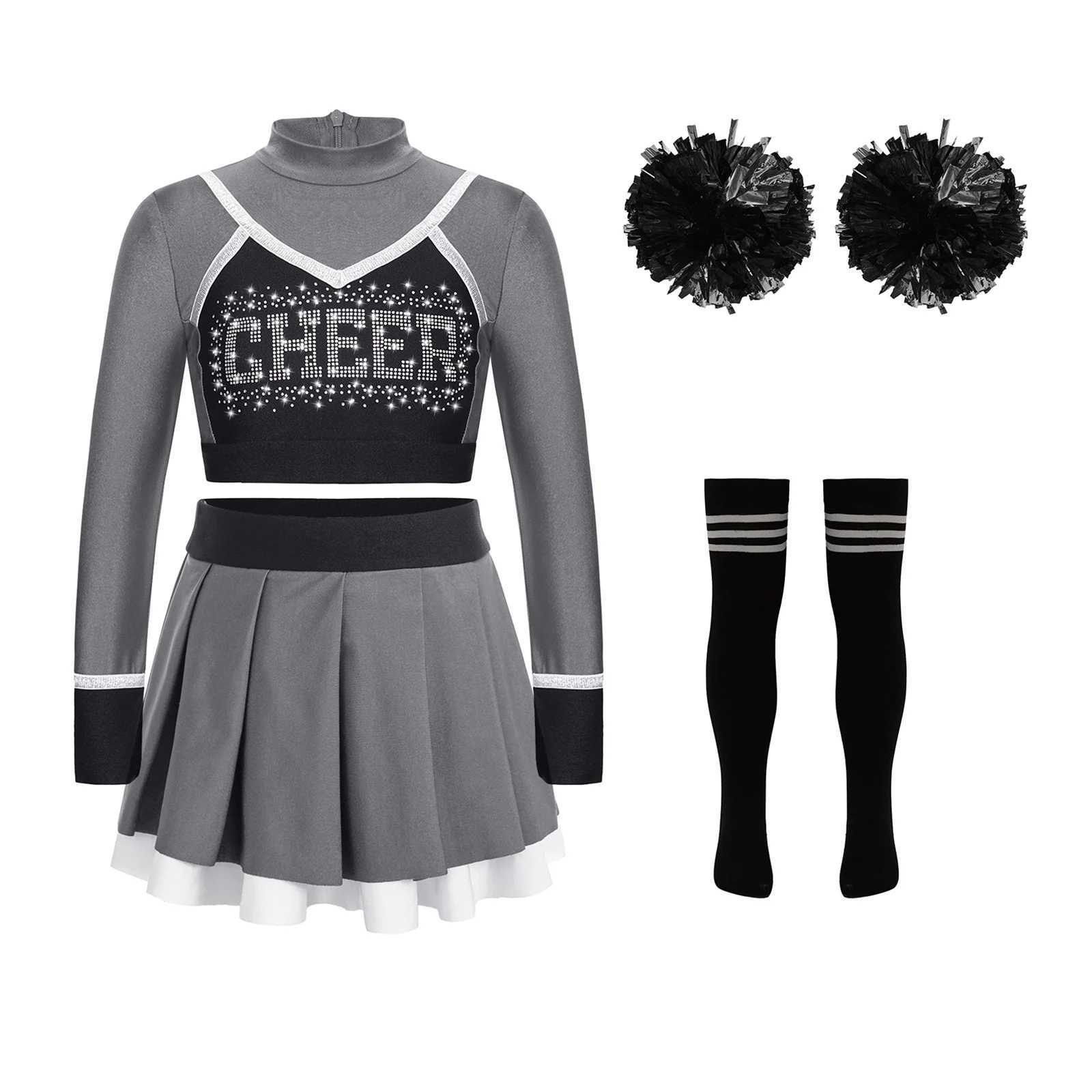 Kid Girls Cheerleading Uniform Cheerlead Dance Outfit Crop Top Pleated Skirt Flower Balls Socks for Cheering Team Dancewear SetsW250121