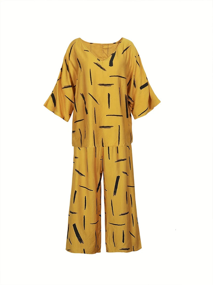 Plus size fashionable womens summer loose printed long sleeved top with pockets mens countryside twopiece set 250122