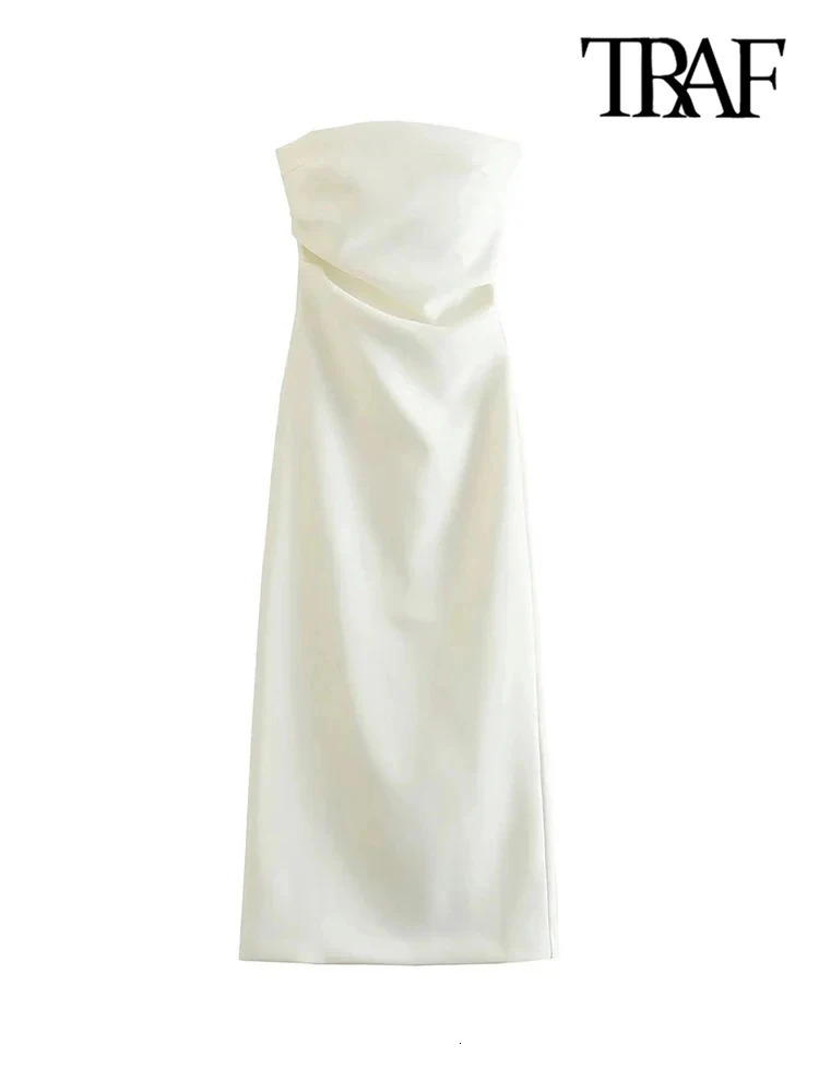 TRAF Women Fashion Strapless Gathered Midi Dress Sexy Straight Neck Back Slit Female Dresses Vestidos Mujer 250121