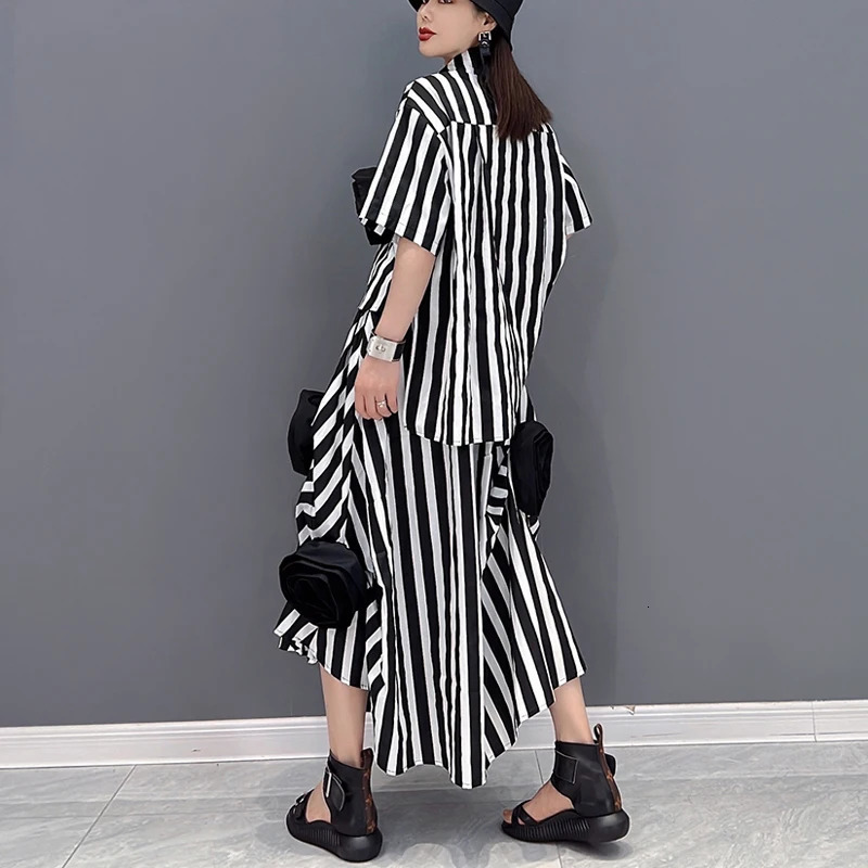 Korean Style Tie Flowers Decorated Loose Fit Two Pieces Set Woman Summer Oversized Striped Blouse Shirt And Skirt Outfit JJSE016 250122