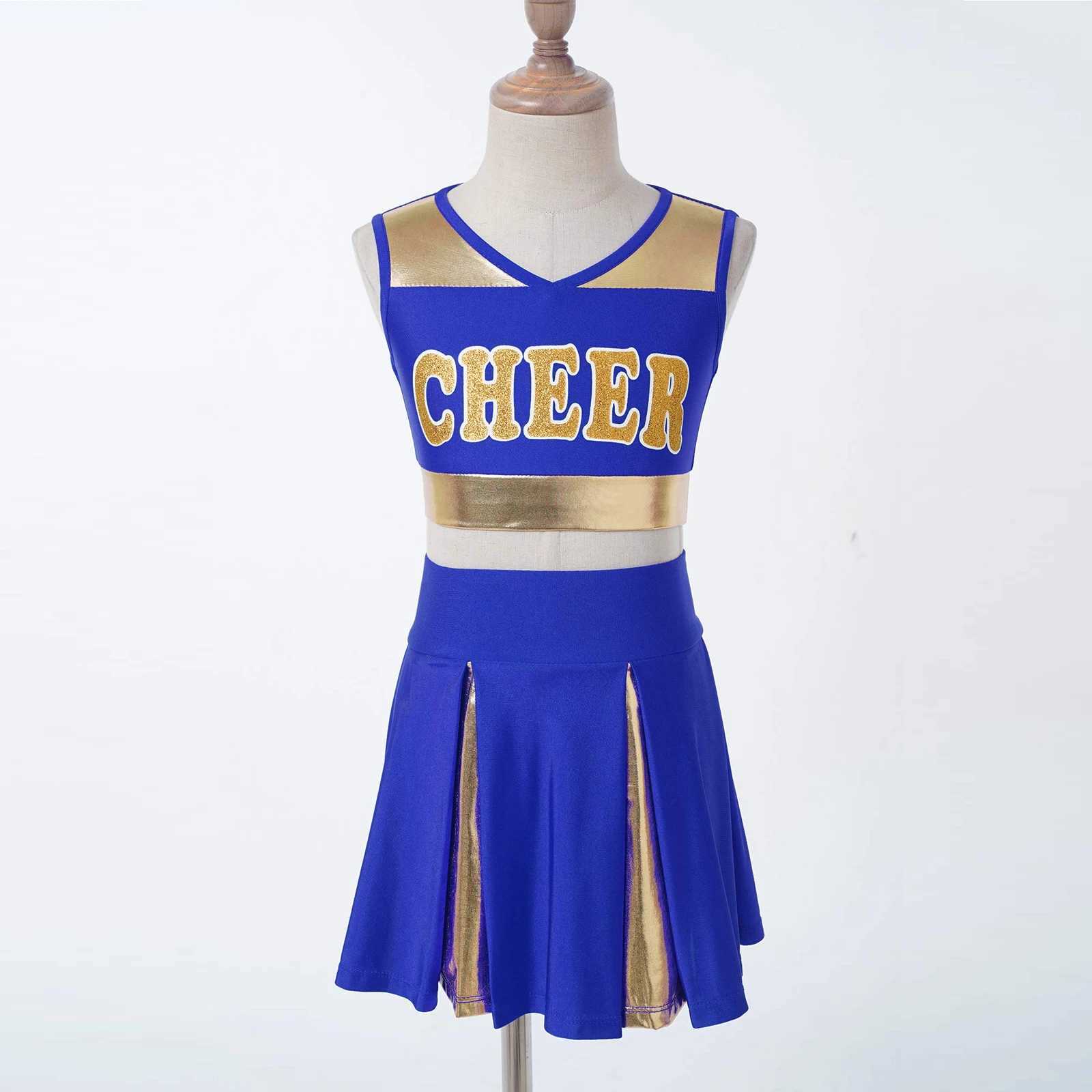 Patch work cheerleading uniforms for children and girls V-neck letter printed crop top with elastic shoulder straps ski cheerleading uniformsW250121