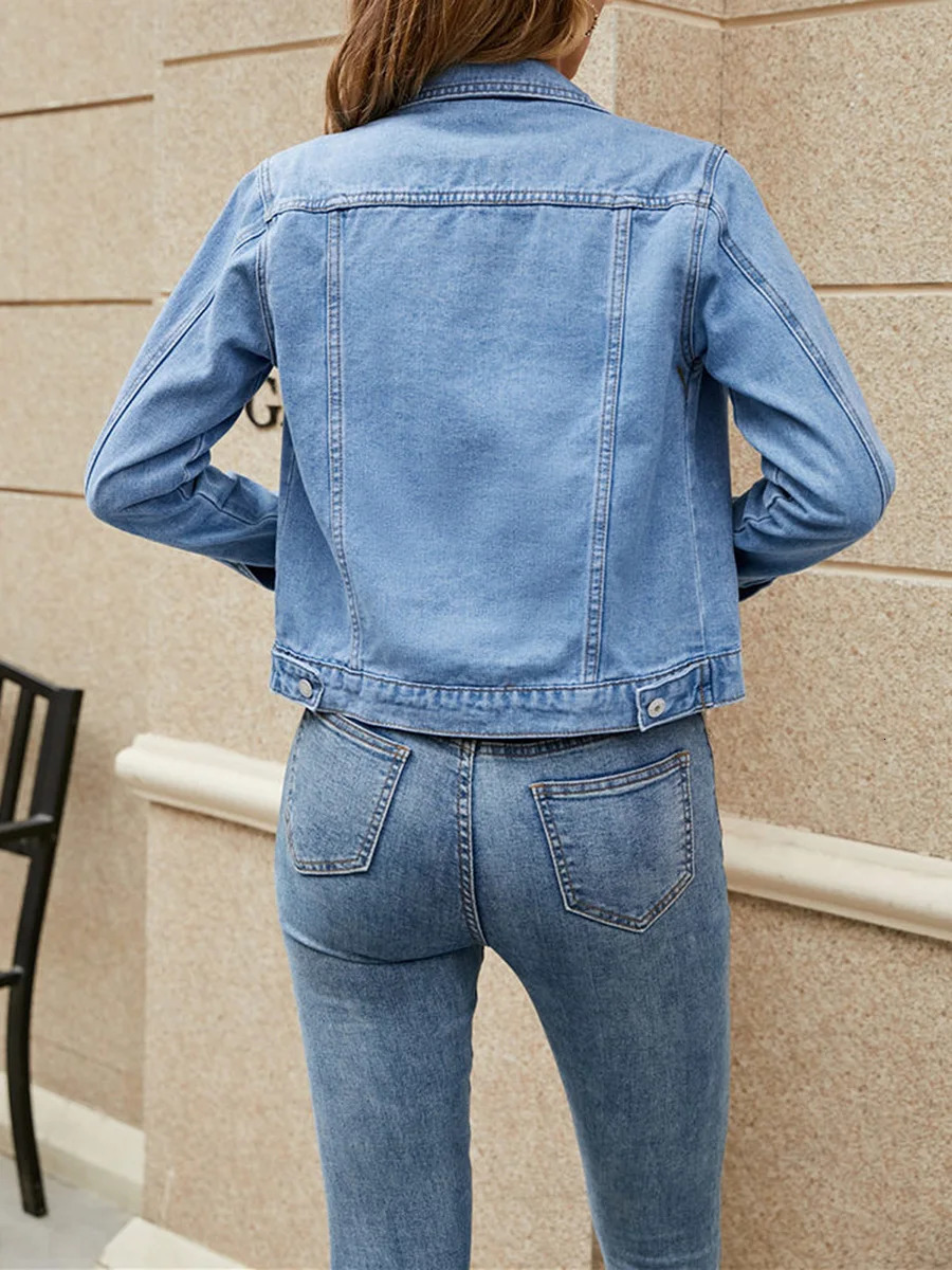 Denim Jacket For Women 2025 Solid Color Black Blue Yellow Pink Red Casual Long Sleeve Button Down Chest Pocket Jean Jacket Lady 250113