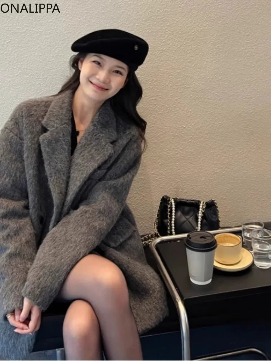 Onalippa Notched Collar Wool Coat Women Solid Double Breasted Jackets Korean Loose Midlength Winter Warm 250113