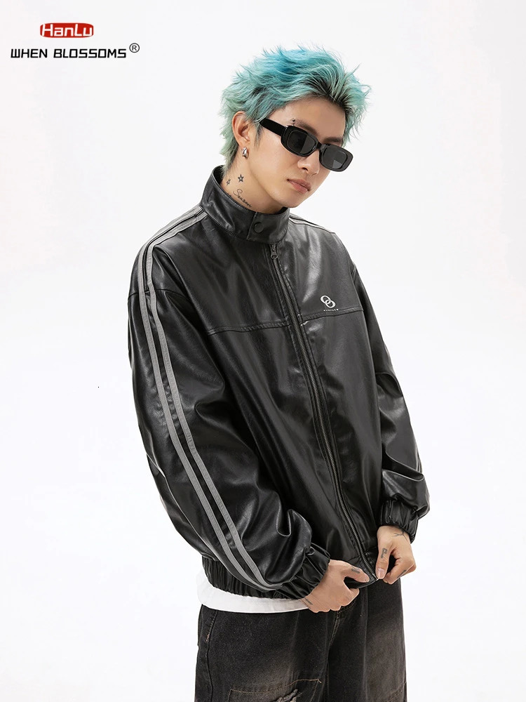 Metal Printed Black PU Leather Jacket for Men and Women Trendy American High Street Spring Couple Trend 250120