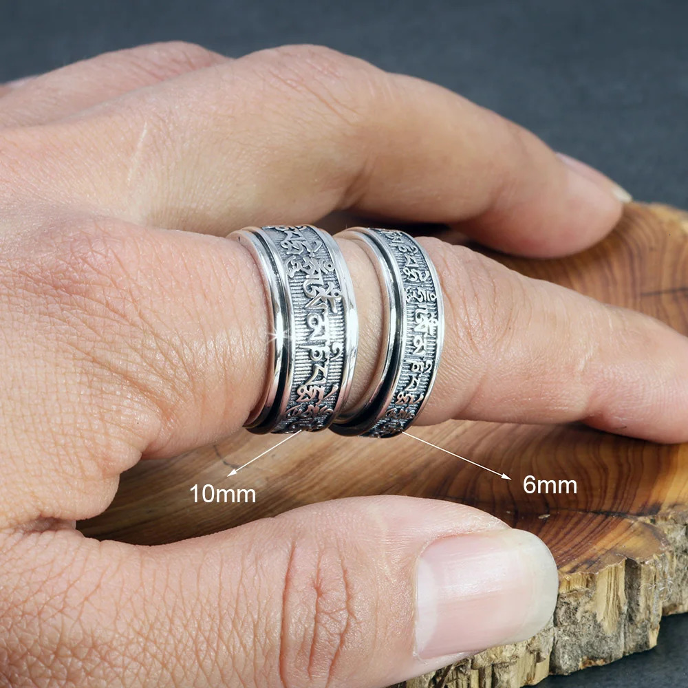 Real 925 Sterling Silver Vintage Rings For Men Rotatable Tibetan Six Words Mantra Rings Om Mani Padme Hum Buddhist Jewelry 250117