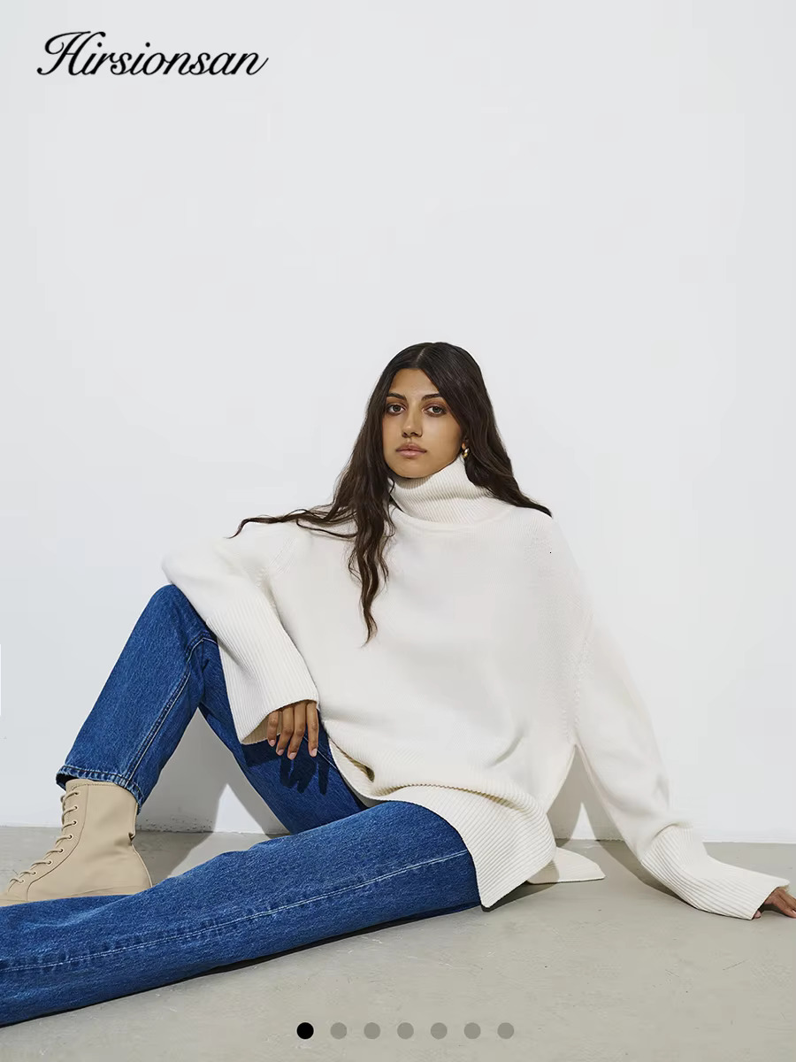 Hirsionsan Chic Turtle Neck Autumn Winter Sweater Women Soft Warm Basic Knitted Split Pullover Loose Casual Female Jumper