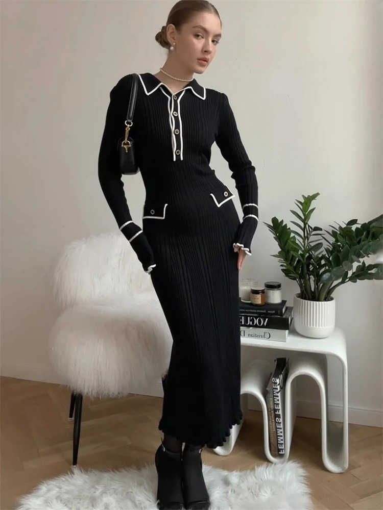 Tossy Ruffled Fashion Knit Dress Women Autumn Ribbed Contrast Long Sleeve High Waist Lapel Gown Dress Knitwear Ladies Maxi Dress 250113