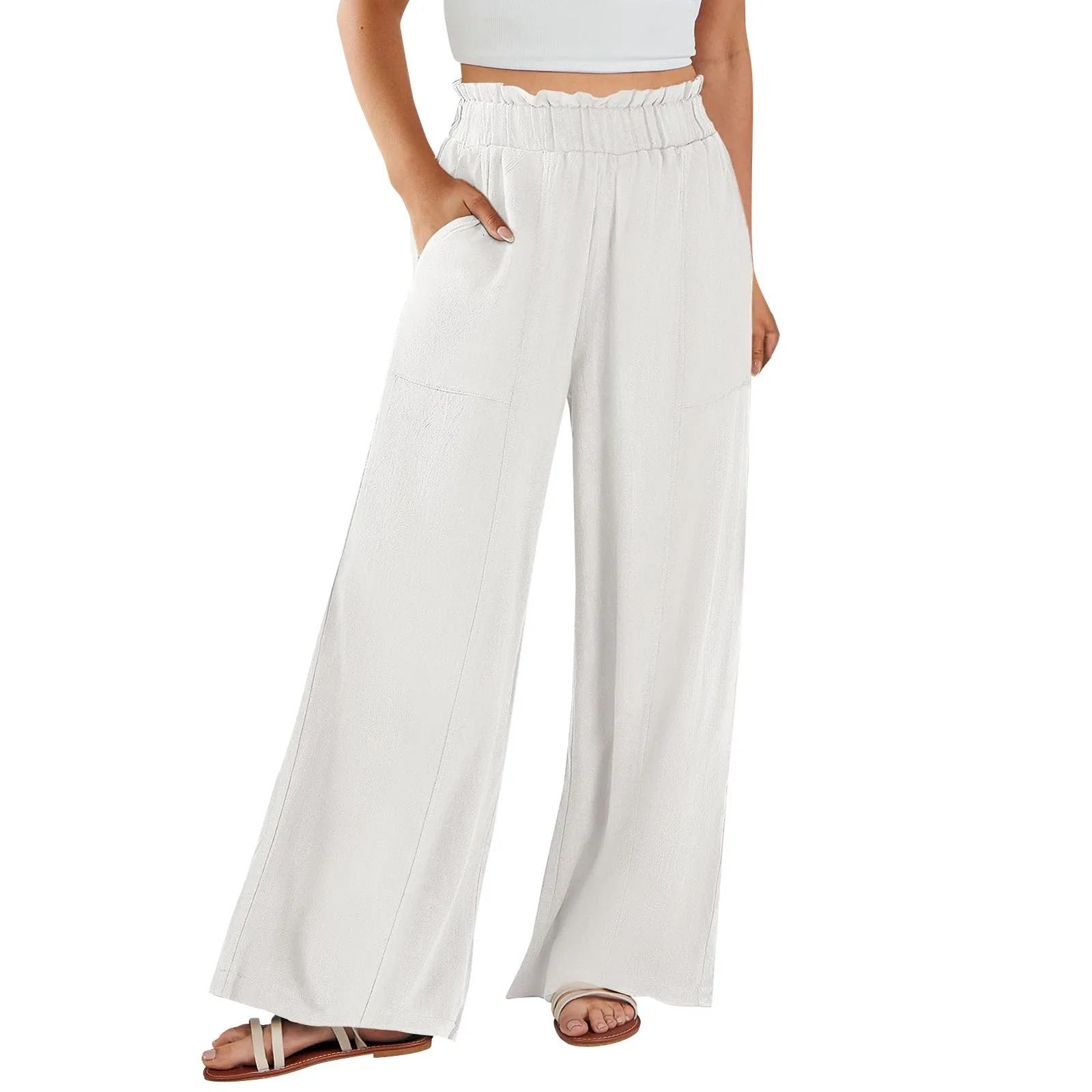 Cotton Linen Summer Wide Leg Casual Loose Drawstring High Waist Palazzo Trousers With Pockets Womens Pants Z260314