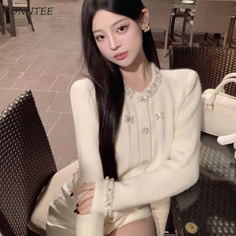 Cardigan Beading Pure Temperament Ins Knitted Korean Fashion Cropped All-Match Daily Autumn Winter Sweet Gentle Girls Elegant