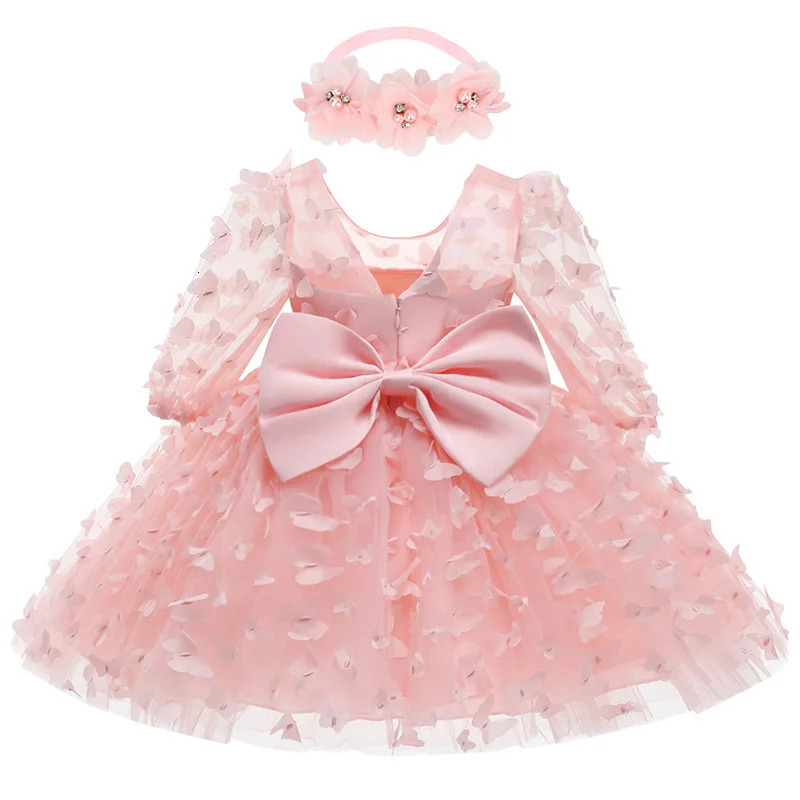 Baby Girl Dress Toddler Birthday Party Costume Long Sleeve Butterfly Sweet Princess Dresses Spring Summer Gauze Pink Midi Dress 250120