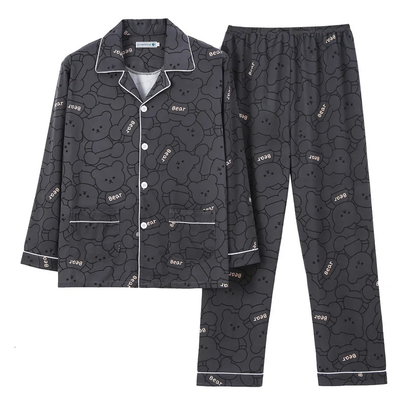 Large Size Warm Sleepwear for Winter Pajamas Mens LongSleeved Youth Home Wear 2PCS Set Cartoon Bear Plaid Simple Loungewear 250122