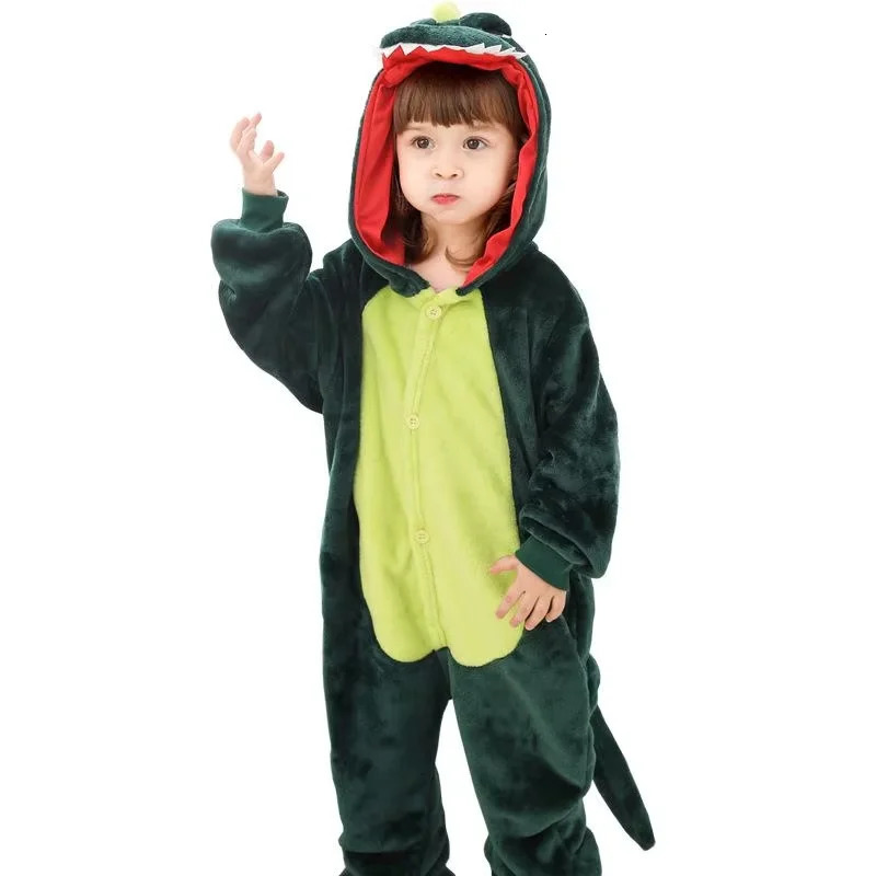 Kids Onesies Boys Girls Green Dinosaur Pajamas Flannel Sleepwear Nightwear Animal Cosplay Costume Halloween Party Funny Outfits 250114