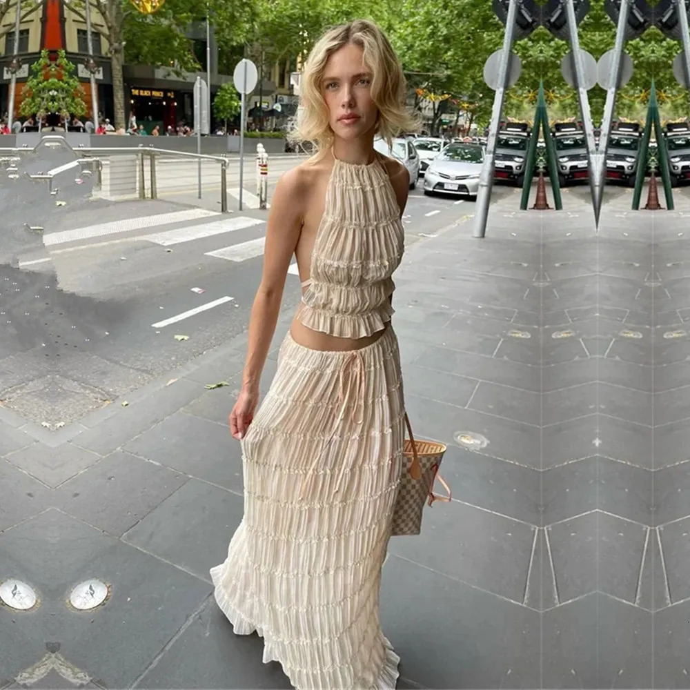 Fashion Halter Neck Long Skirt Suit Women Backless Sling Top Lace Up Fold Maxi Skirts Summer Female 2 Piece Set Outfits 250113