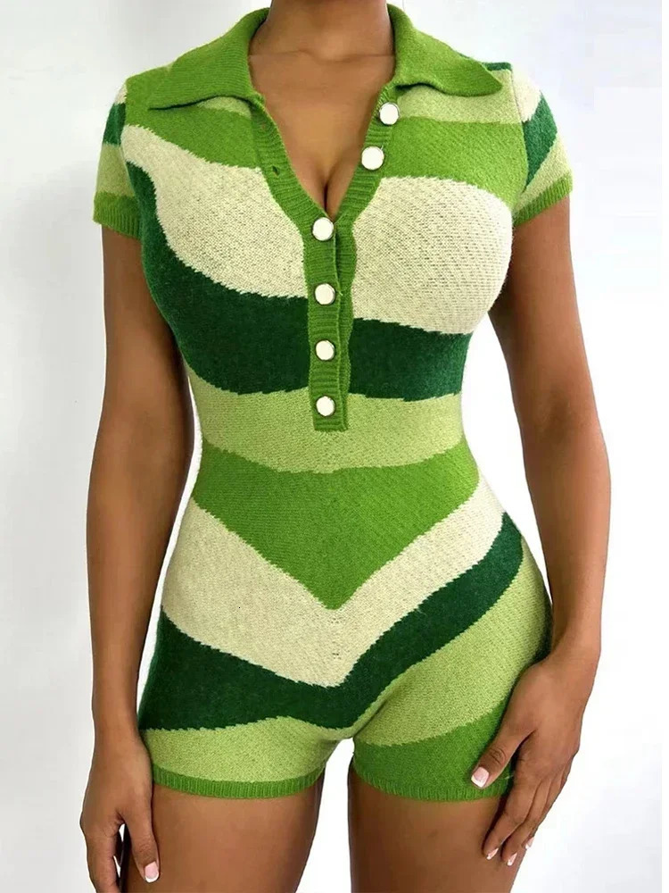 Laxsesu Irregular Contrast Romper Women Knit Stretch Polo Neck Single-Breasted Shorts Sleeve Skinny Slim Playsuits Streetwear 250107