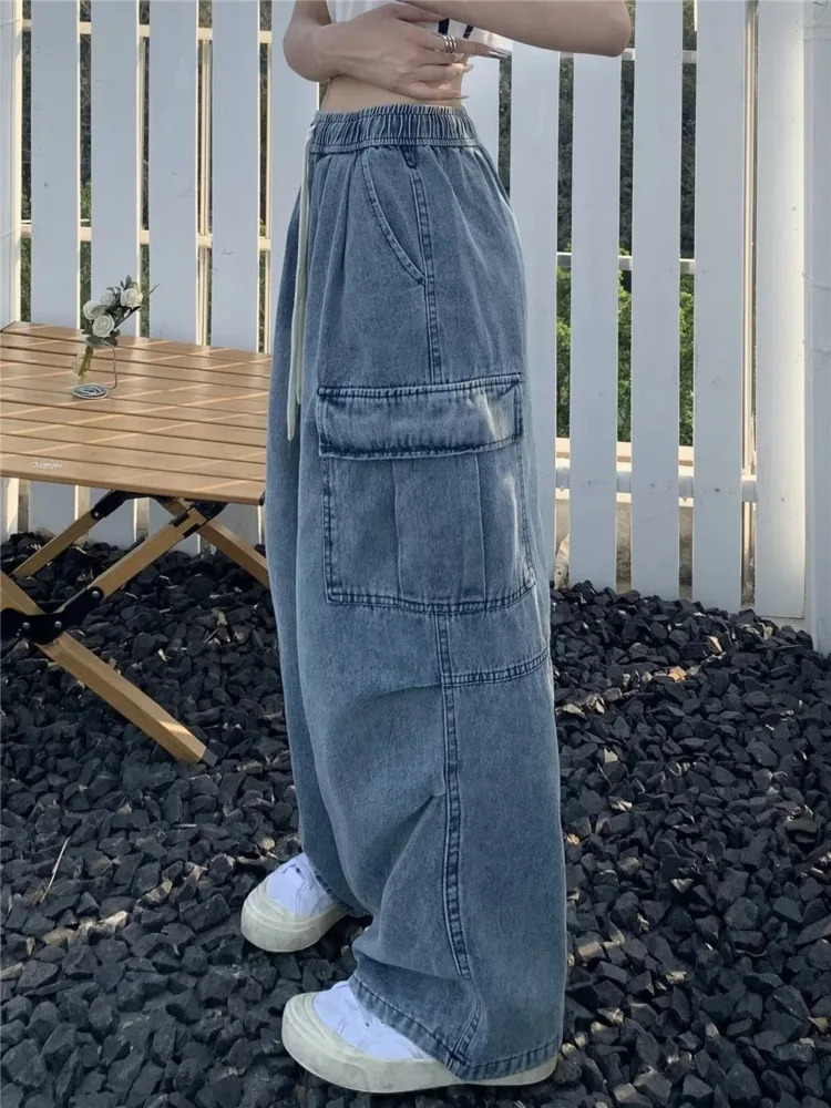 Retro style straight leg jeans suitable for women niche loose multi pocket wide leg pants suitable for womens jeans 250117