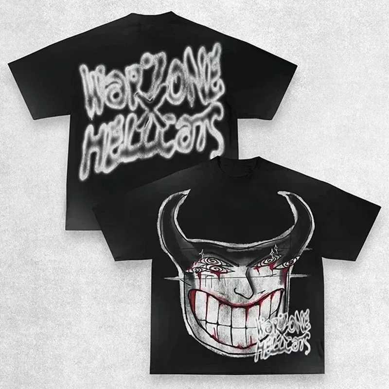 Y2K T Shirt Men Exaggerate Gothic Graphic Print Harajuku Punk Streetwear Cotton Round Neck Oversized Short Sleeve Tops Tees New W250117
