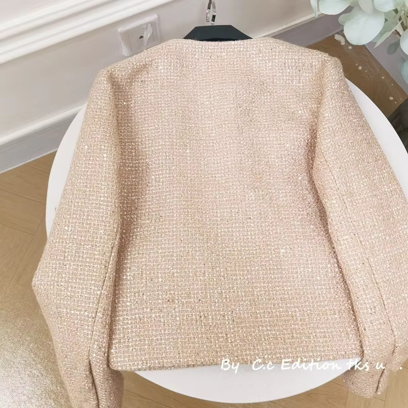 Sequin Small Fragrance Short Coat Tweed Elegant Temperament Female Tops 2024 Autumn Korean Chic Pink O Neck Jackets Woman