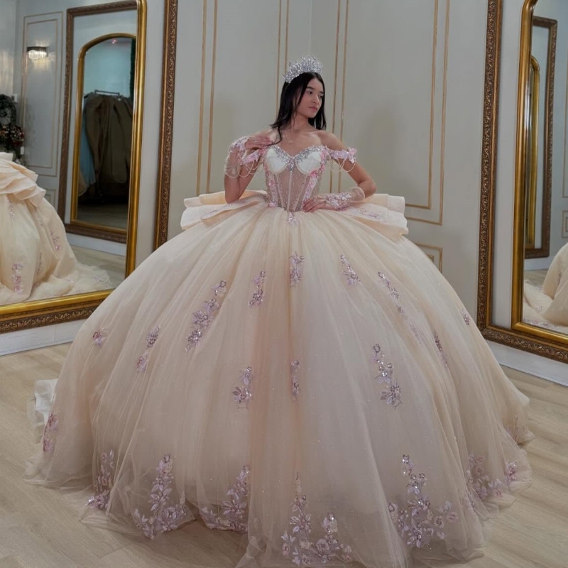 Champagne Quinceanera Dresses Ball Gown Off Shoulder Appliques Lace Beads Tull Corset Birthday Party Sweet 16 Dress Vestidos 15 De Anos