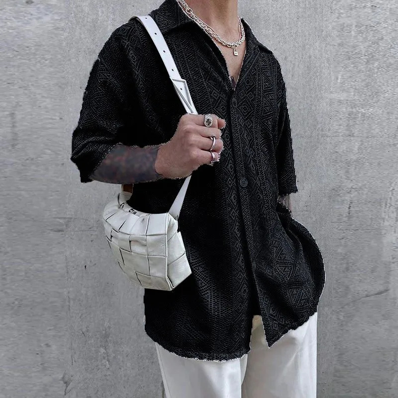 Summer Mens Clothing Mesh See Through Mesh Sexy Shirt Short Sleeve Fishnet Button-down Retro Chic Streetwear Party Blouse S-5XL 250118