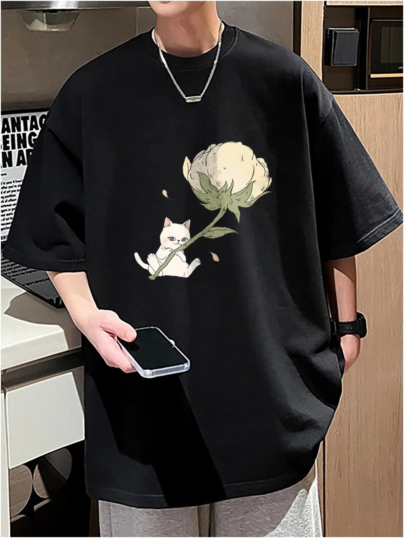 Harajuku Men Casual Loose Tshirts Flower Cat Graphic Unisex Kawaii Tops Short Sleeve Summer Male Tees 100 Cotton Y2k 250122