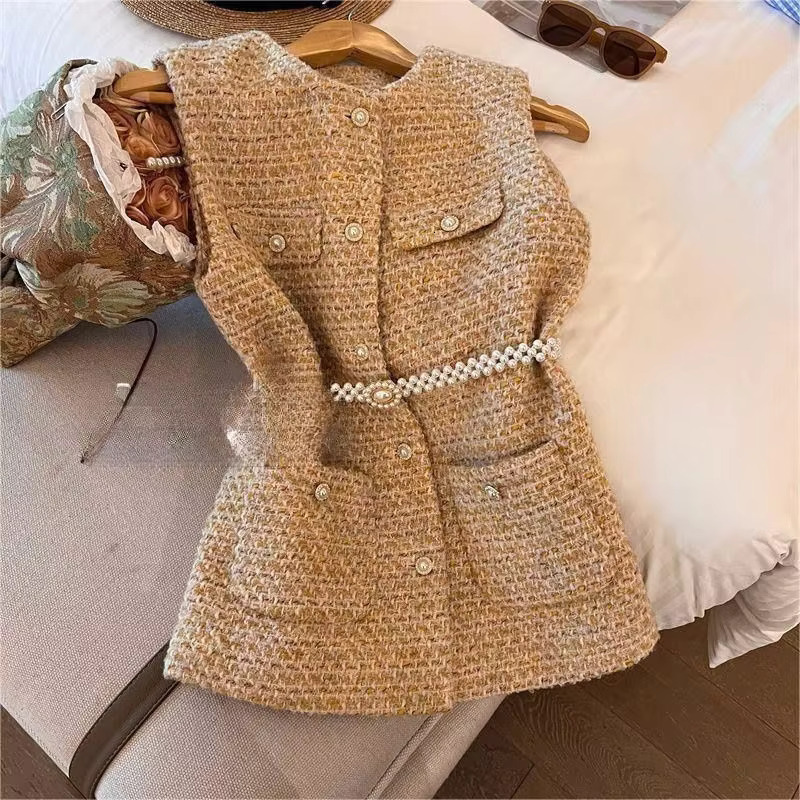 Small Fragrant With Belt Vest Female Autumn 2024 New Ladies Temperament Waistcoats Sleeveless Jacket Women Tops