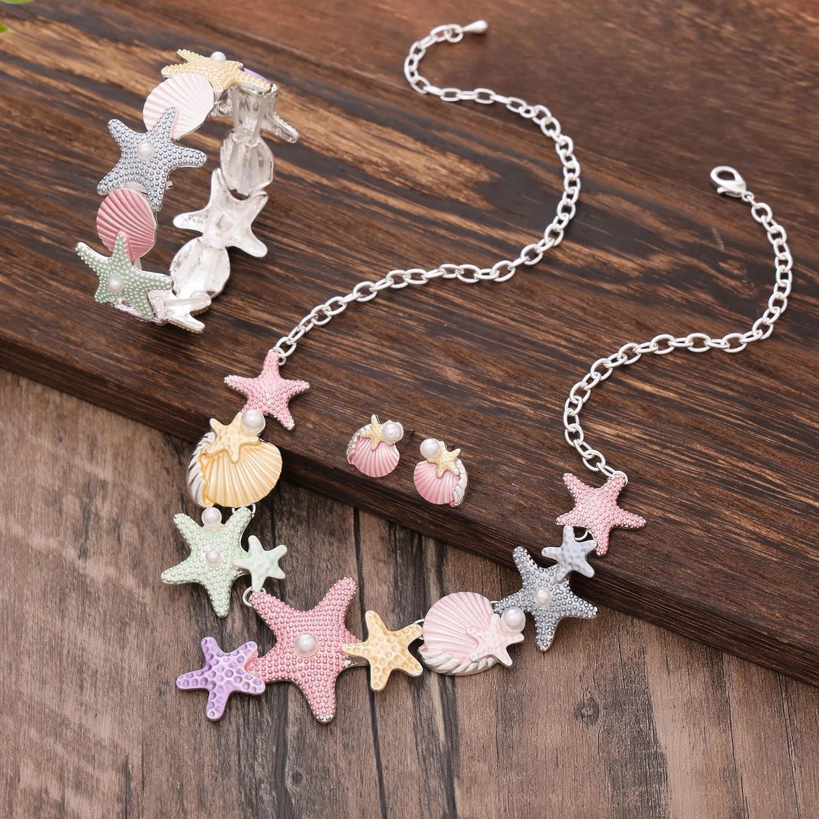 Spring Colored Necklace Earrings Bracelet Set Fashionable Small And Clear Oil Painted Starfish Jewelry Set 250108