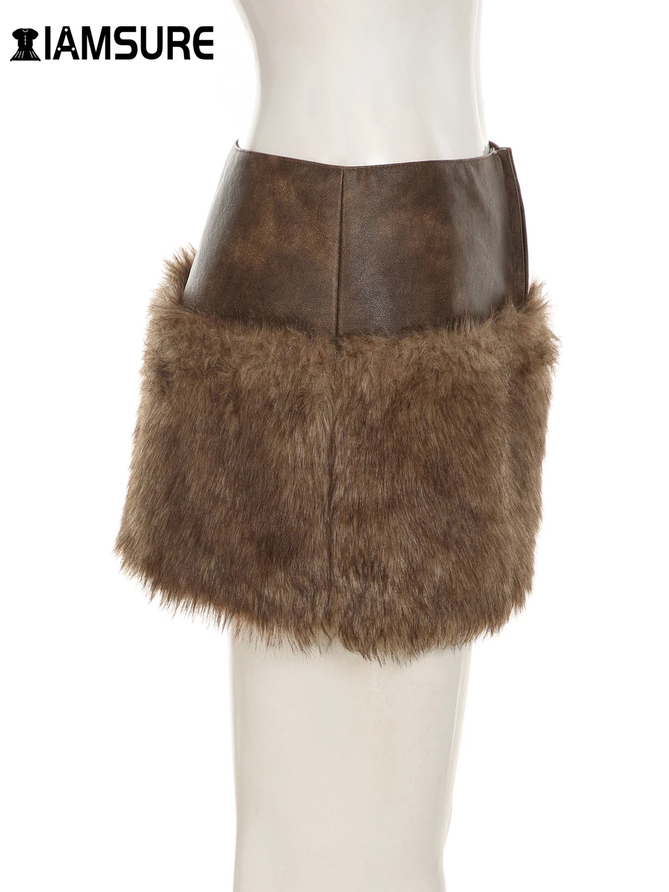 IAMSURE Vintage Patchwork Pu Leather Furry Skirt Women 2024 Winter Fashion Slim MidWaisted Mini Streetwear Lady 250121