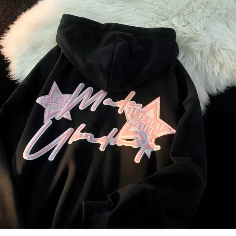 Y2K Zipper Hoodies Women 2023 Pride Street Star Letter Print Splice Cardigan Hoodies Women Fashion Loose Coat Top Street Wear W250117