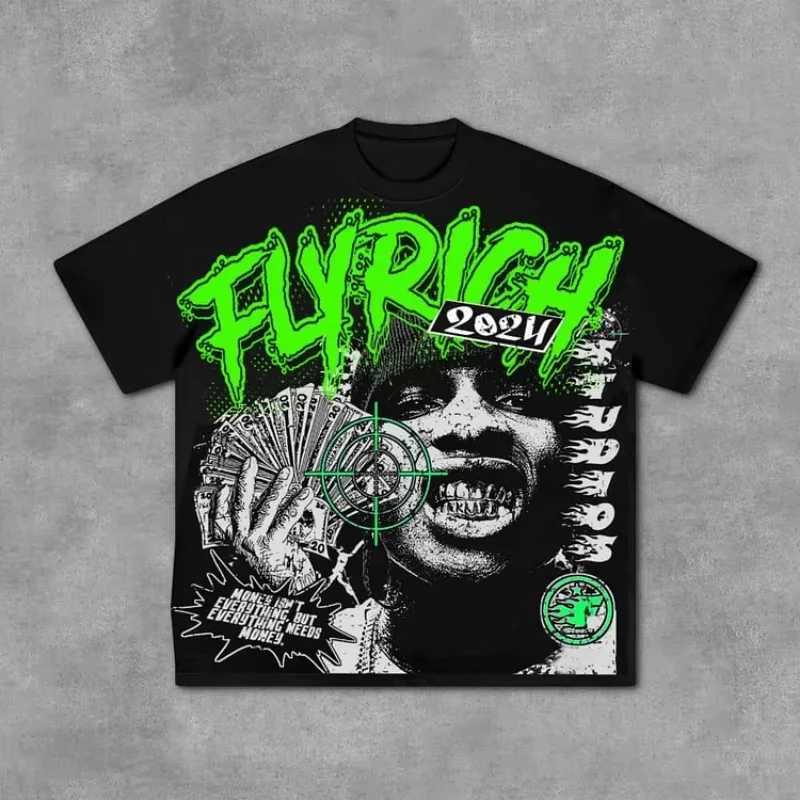 Fly Rich Abstract Human Face Graphic Cotton T-shirt Mens Y2K Summer Short Sleeve Oversized T-shirt Womens Top T-shirt W250117