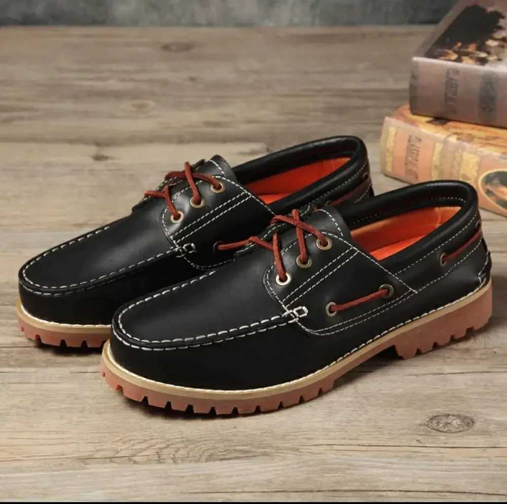Genuine Leather Motorcycle Shoes Loafers for Men Casual Cowboy Shoes Boat Shoes Male Footwear Brown Lace-up HandmadeXJ250118