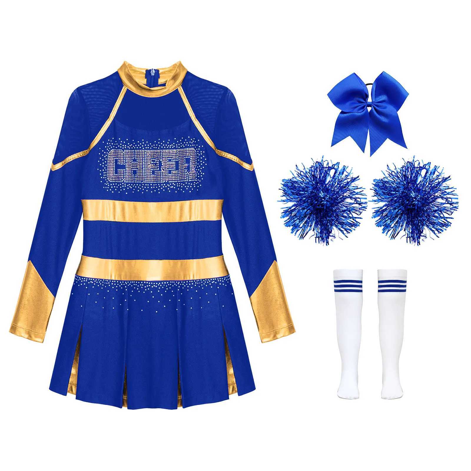 Kids Girls Cheerleading Costume Cheerleader Uniform Metallic Long Sleeve Dress Hand Flowers Socks Schoolgirls Team Dance OutfitsW250121