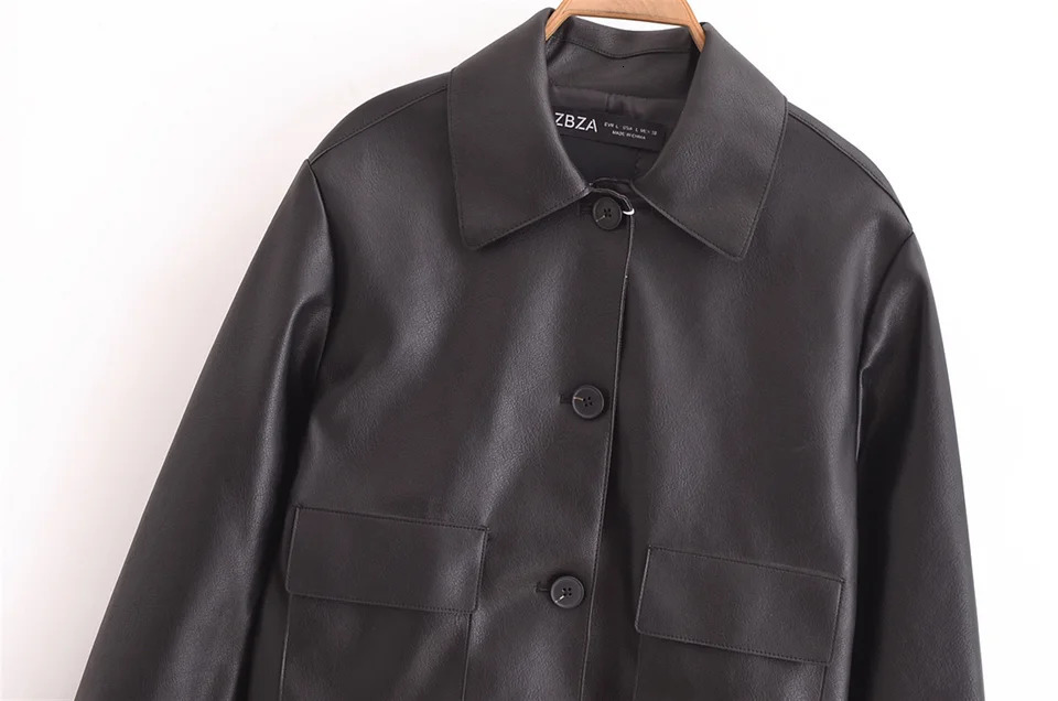 PB ZA Autumn Womens Clothing n Sense Commuting Versatile Look Thin Black Leather Short Long Sleeve Jacket 250122