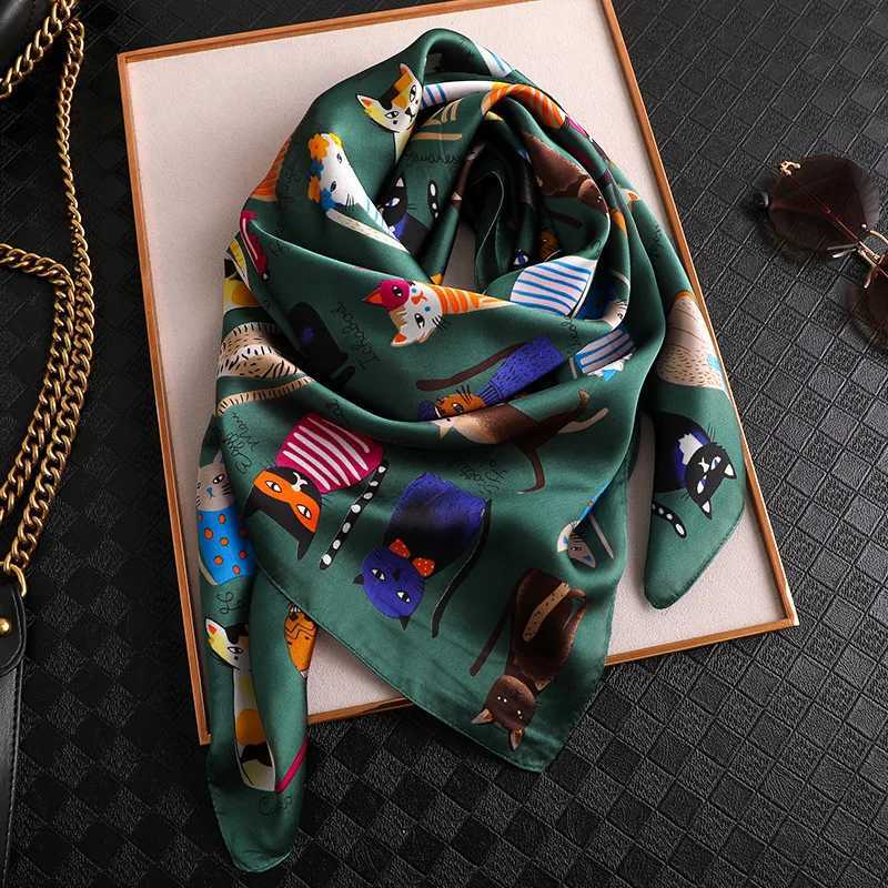 Luxury Brand 2024 New Fashion Summer Silk Square Scarf Women Cat Satin Neck Hair Tie Band Beach Hijab Head Female Foulard W250118
