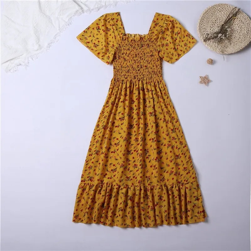 Spring Summer Chiffon Dres Midi DressesFemale Short Sleeve Elastic Waist Printed Floral Pleated Backless Casual Dress 250121